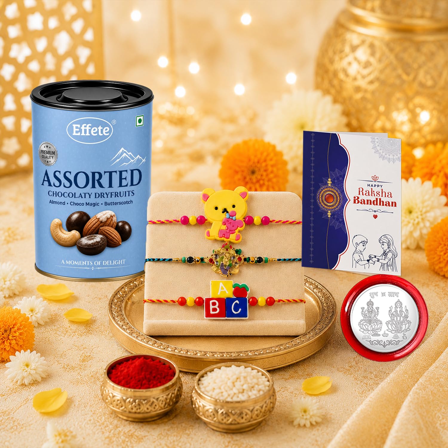 Bear Rakhi for Brother with Choco Dryfruits 96gm, Roli Tikka & Card, Pack of 7