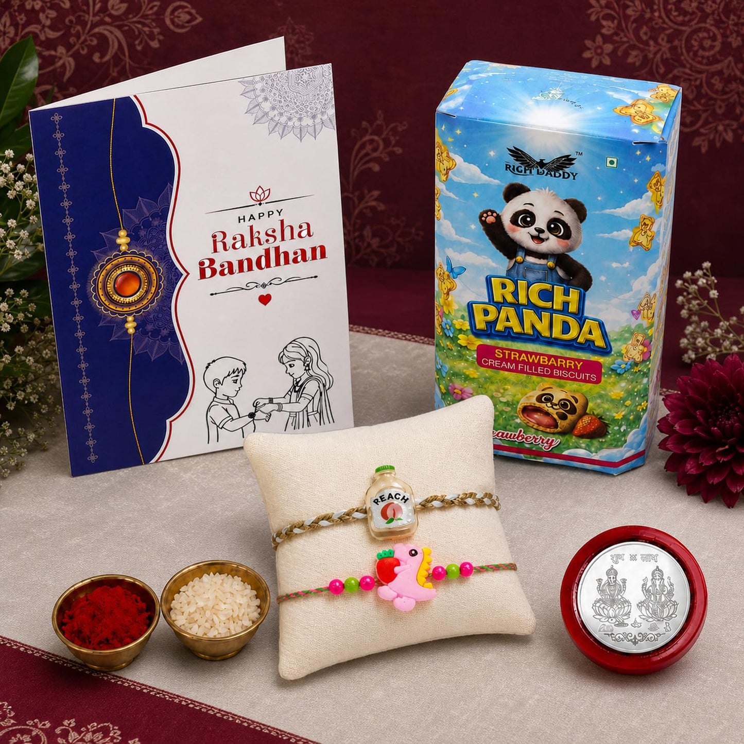 Food Rakhi for Brother with Strawberry Biscuit 60gm, Coin & Card - Pack of 6