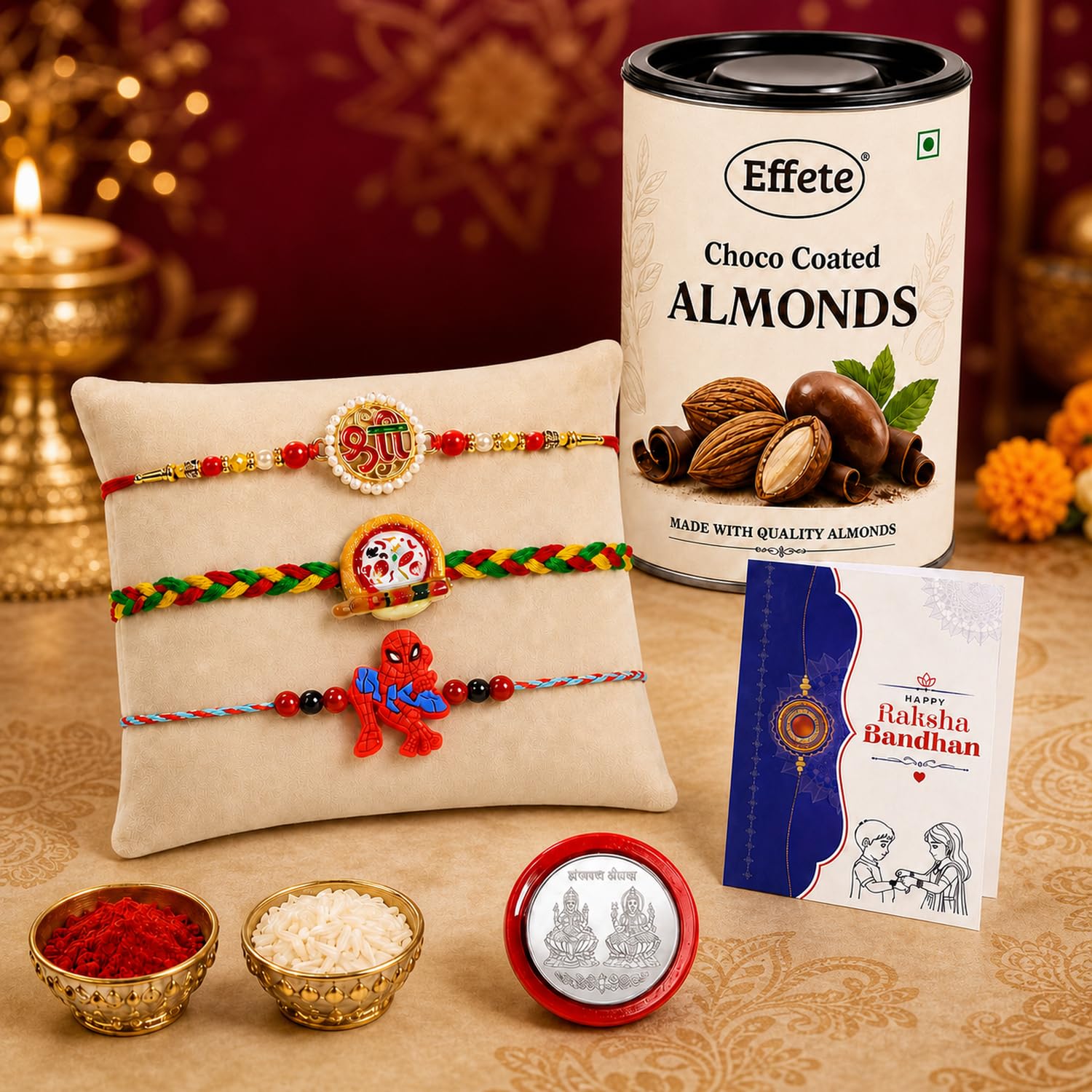 Traditional Drum Rakhi for Brother with Choco Almonds 96gm, Roli Tikka, Pack of 7