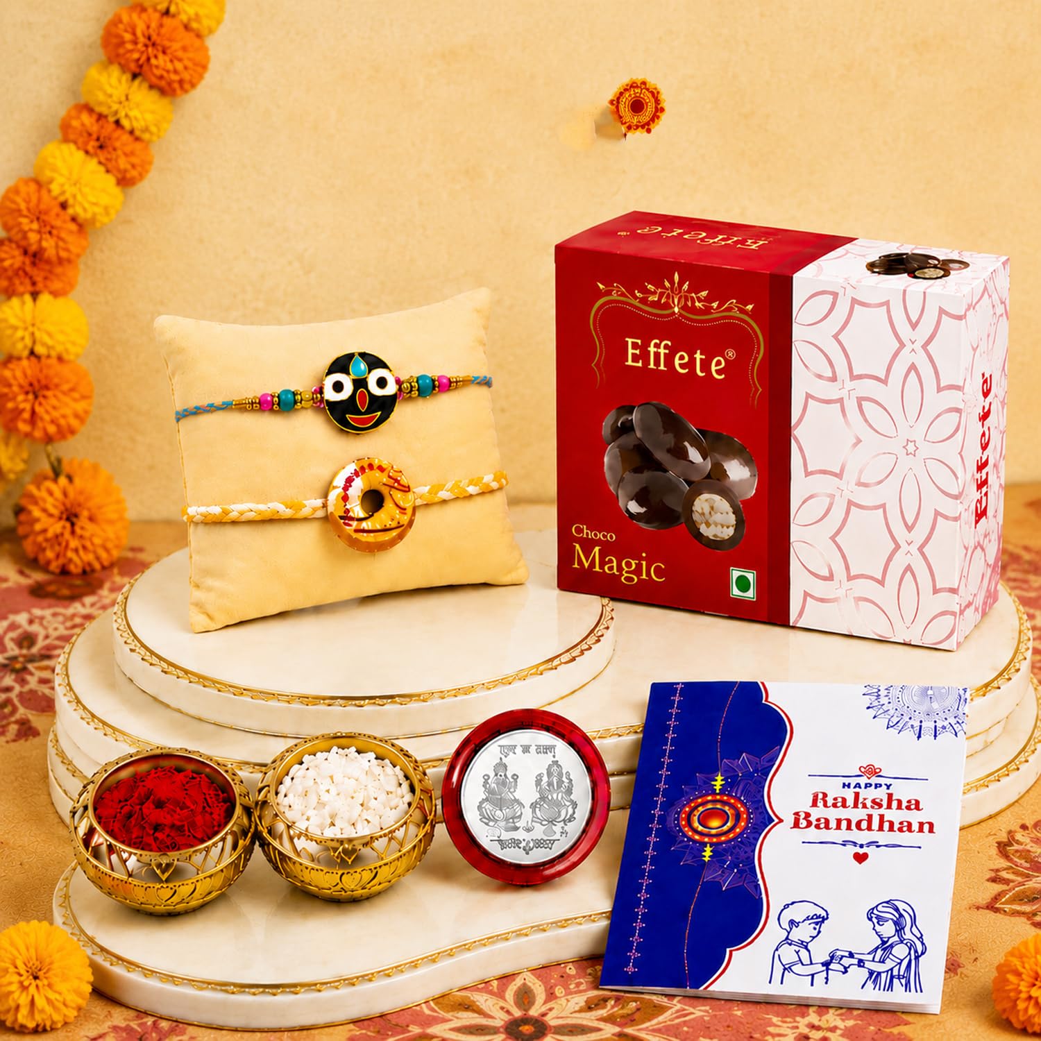 Lord Jagannath Rakhi for Brother with Choco Magic 32gm, Coin & Card, Pack of 6