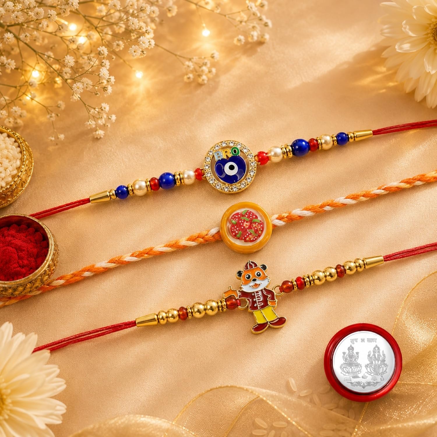 Rakhi Set for Brother (Set of 7) – Cute Design, Strawberry & Evil Eye Rakhi Combo with Chocolate, Roli Chawal, Silver Color Coin & Greeting Card – Raksha Bandhan Pack (K3_1667+1131+1018_BS96)