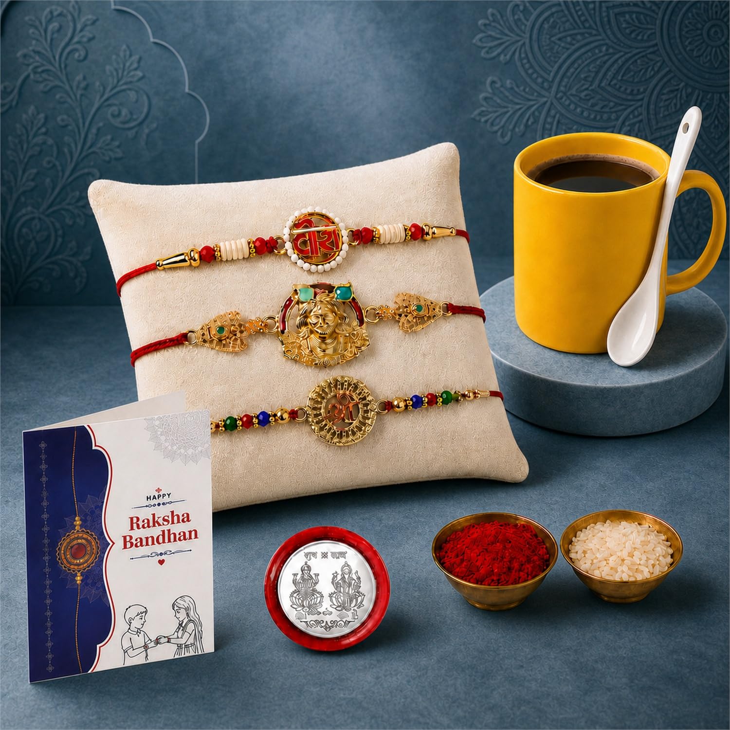 Multicolor Rakhi & Kalash Pooja Thali – Raksha Bandhan Gift Set Hamper (Pack of 5)