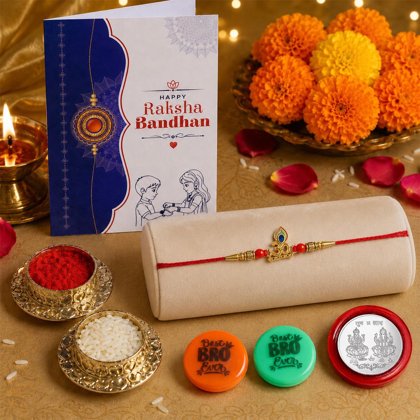 Rakhi Set for Brother (Set of 1) – Om Design Rakhi Combo with Roli Chawal, Silver Color Pooja Coin, Multicolour Magnets and Greeting Card – Traditional Raksha Bandhan Gift Hamper for Bhai