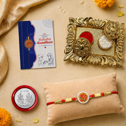 Om Rakhi for Brother with Pooja Thali, Roli Tikka, Pooja Coin & Card, Pack of 5