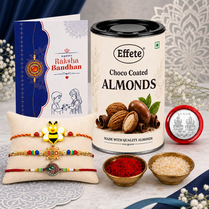 Bee motif Rakhi for Brother with Choco Almonds 96gm, Roli Tikka & Card, Pack of 7