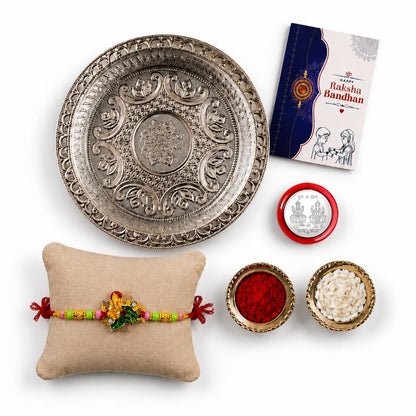 Multicolor Ganesha Bracelet/Rakhi & Silver Color Pooja Thali with Silver Color Pooja Coin, Tikka/Tilak Set & Greeting Card, Rakhi Gift Hamper (Pack of 5) For Raksha Bandhan