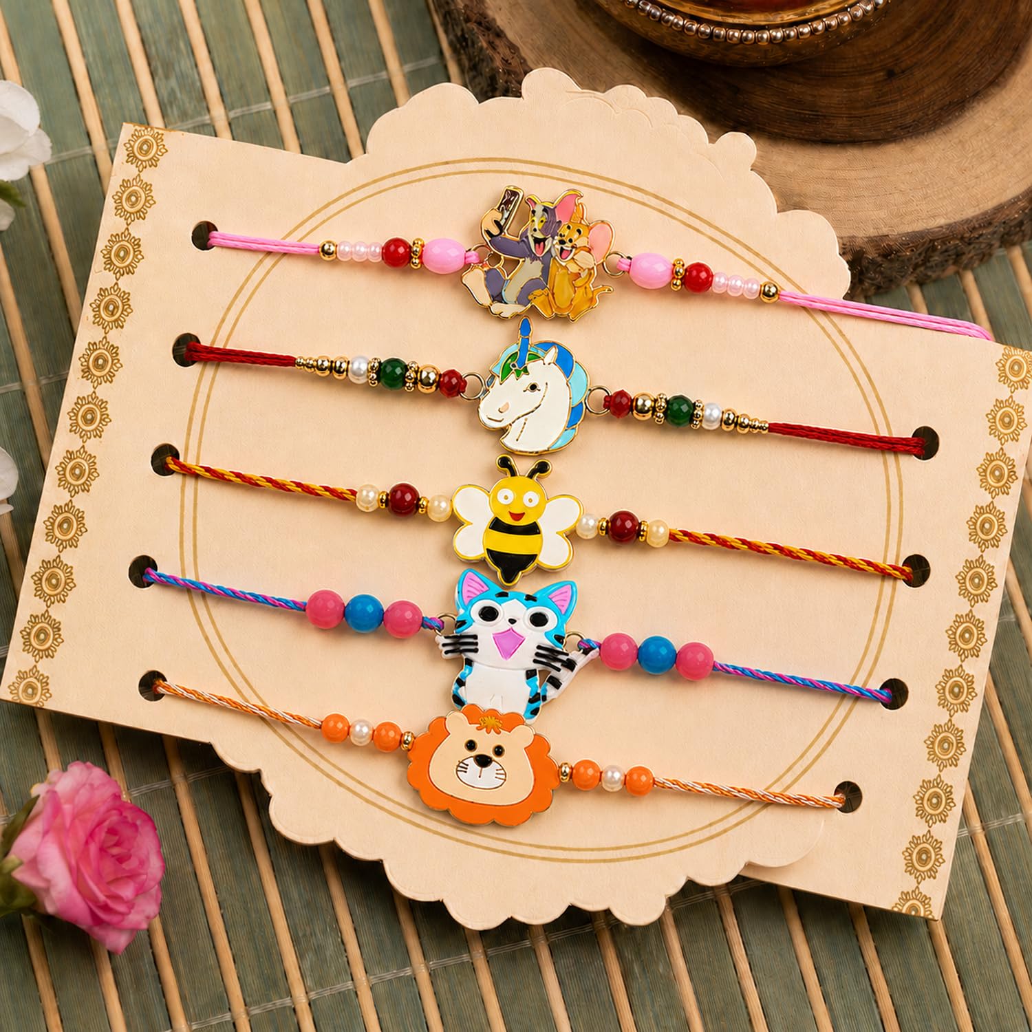 Handcrafted Trendy Rakhi for Brother with Roli Tikka & Greeting Card, Pack of 8