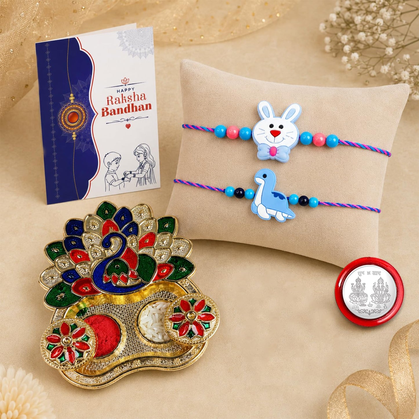 Dinosaur, Bunny Multicolor Rakhi for Brother & Bhaiya with Peacock | Pack of 6