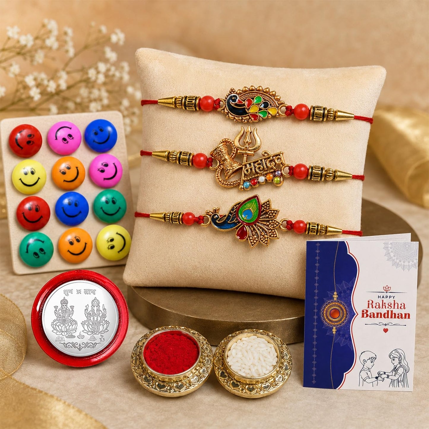 Peacock, Mahadev, Peacock Multicolor Rakhi for Brother & Bhaiya | Pack of 7