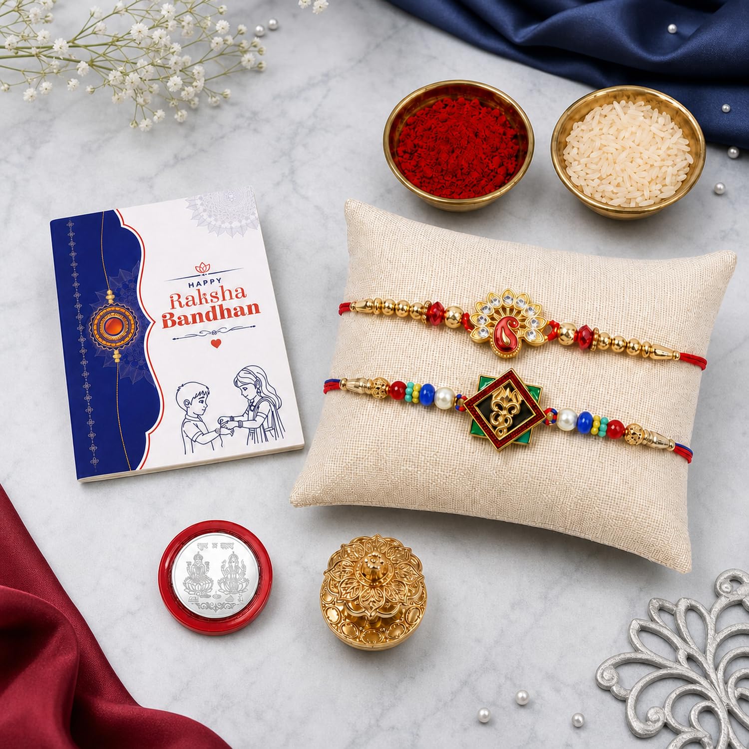 Peacock, Ganesh Multicolor Rakhi for Brother & Bhaiya with Golden | Pack of 6