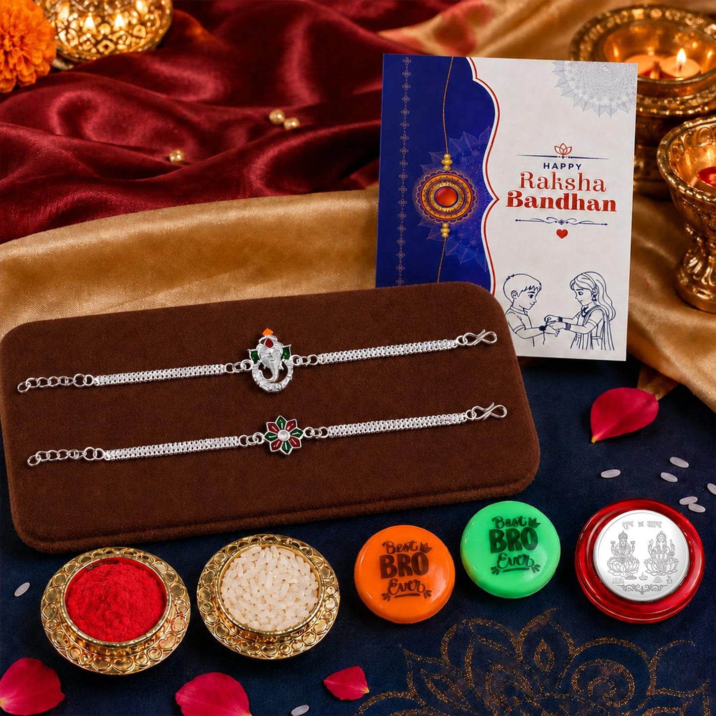Rakhi Set for Brother (Set of 2) – Ganesha & Flower Bracelet Rakhi Combo with Roli Chawal, Silver Color Pooja Coin, Multicolour Magnets & Greeting Card – Raksha Bandhan Gift Hamper for Bhai