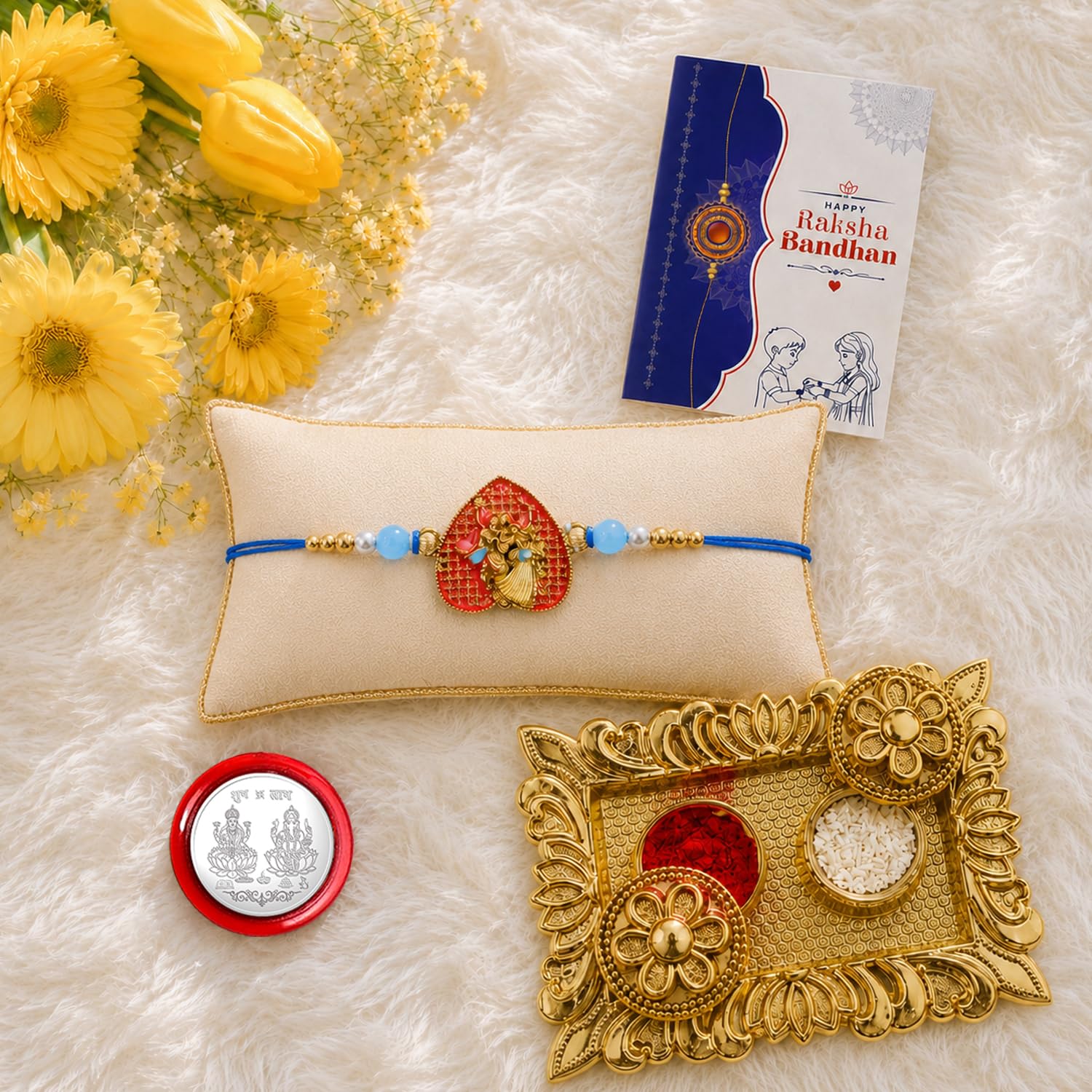 Radha Krishna Rakhi Combo - Raksha Bandhan Gift with Rectangular Pooja Thali, Pack of 5