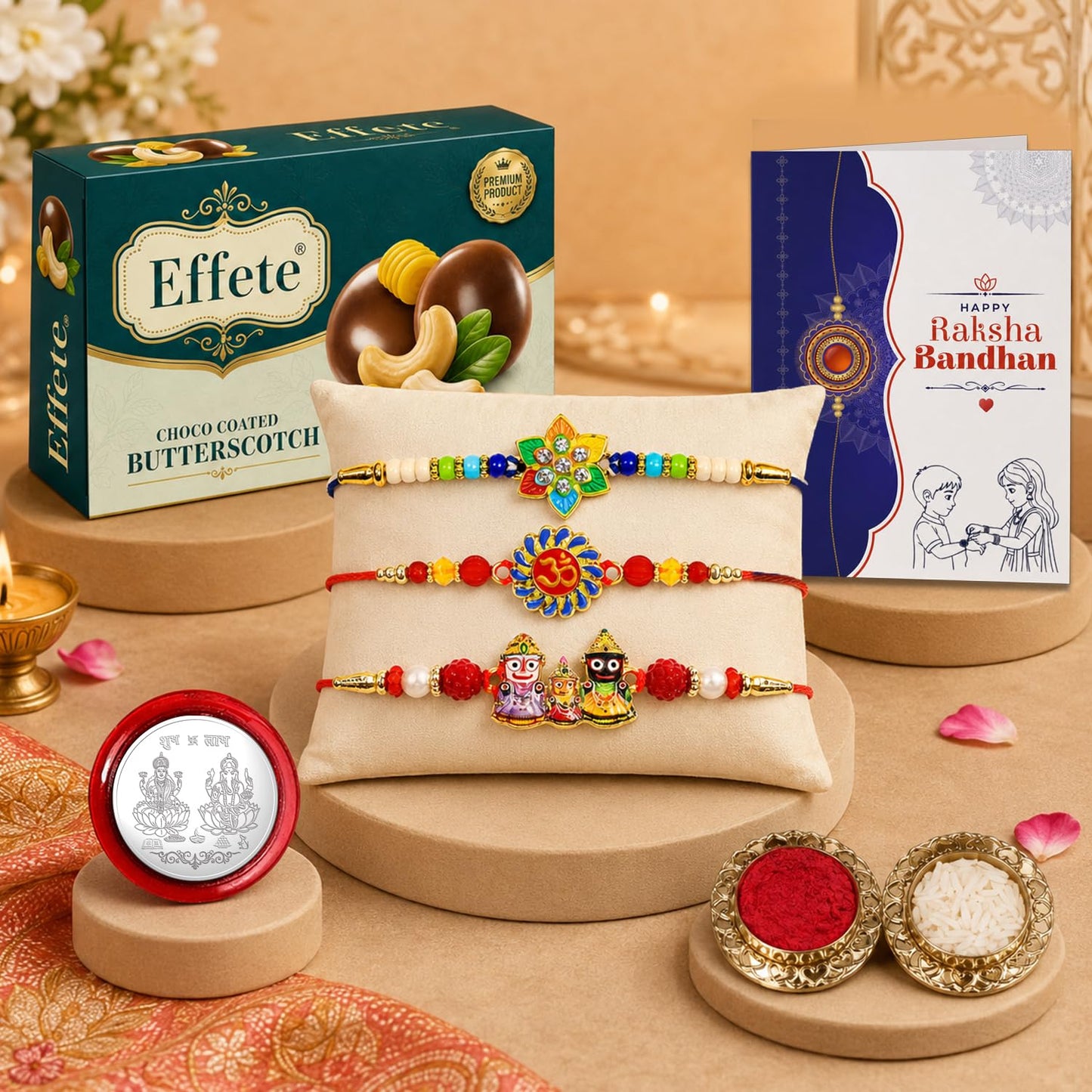 Flower, Om Rakhi Combo - Raksha Bandhan Gift with Choco Butterscotch 32gm, Pack of 7