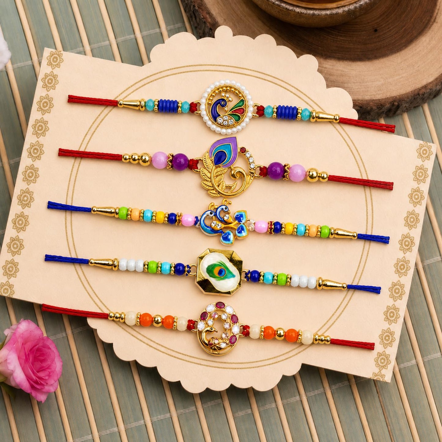 Elegant Dazzling Rakhi for Brother with Roli Tikka, Pooja Coin & Card, Pack of 8
