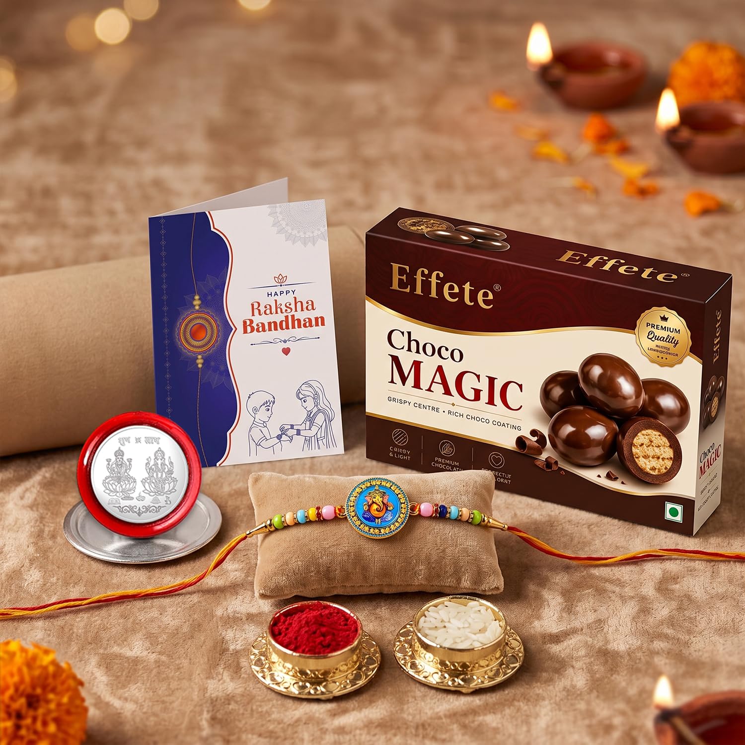 Ganesh Rakhi for Brother with Chocolate Magic 96gm, Roli Tikka & Card | Pack of 5