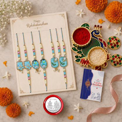 Multicolor Rakhi for Brother & Bhaiya with Peacock Shape Pooja Thali | Pack of 7