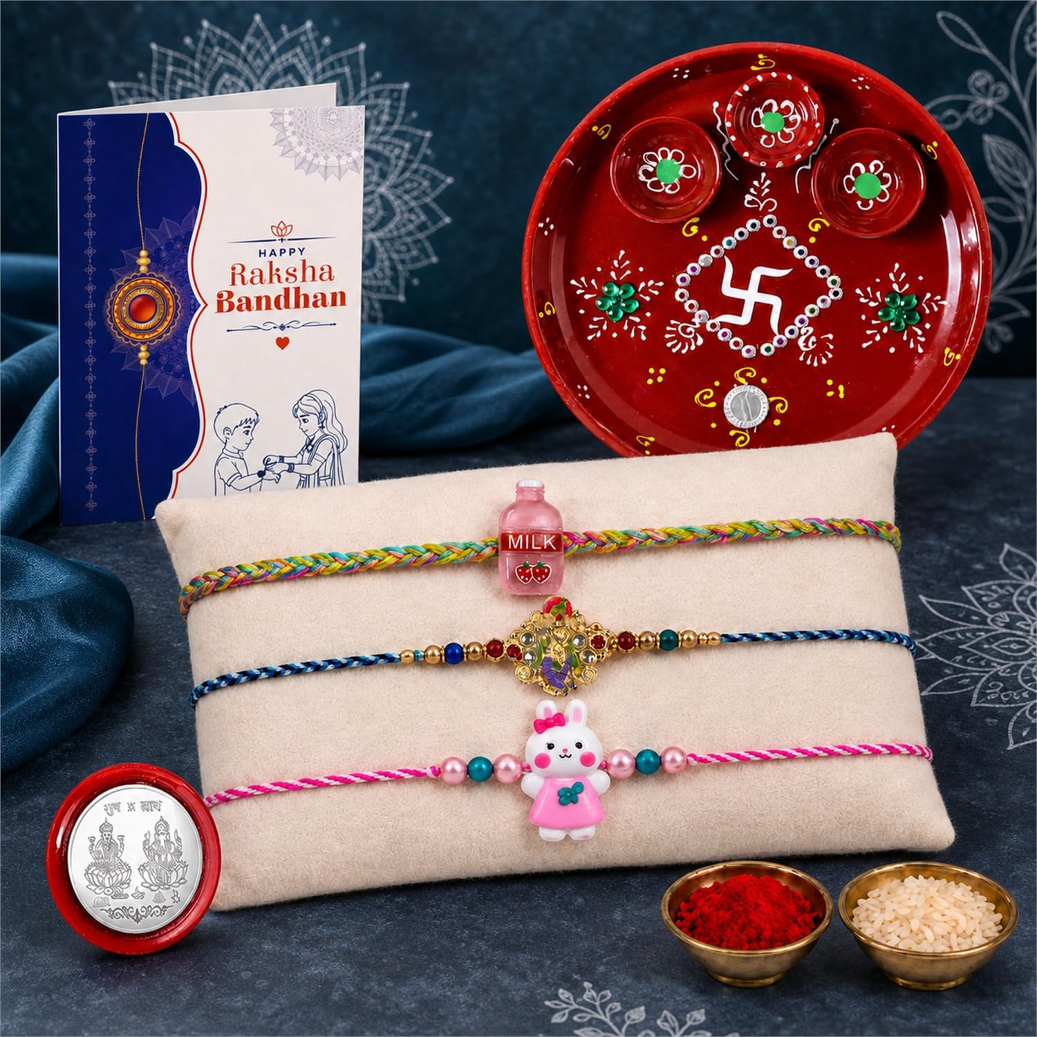 Krishna, Milk Bottle, Bunny Multicolor Rakhi for Brother & Bhaiya | Pack of 7