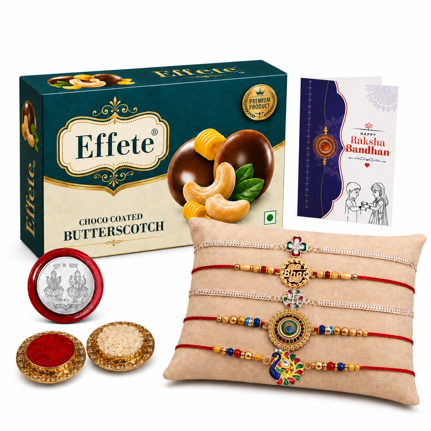 Clove Rakhi for Brother with Butter Scotch 32gm, Roli Tikka & Card, Pack of 9