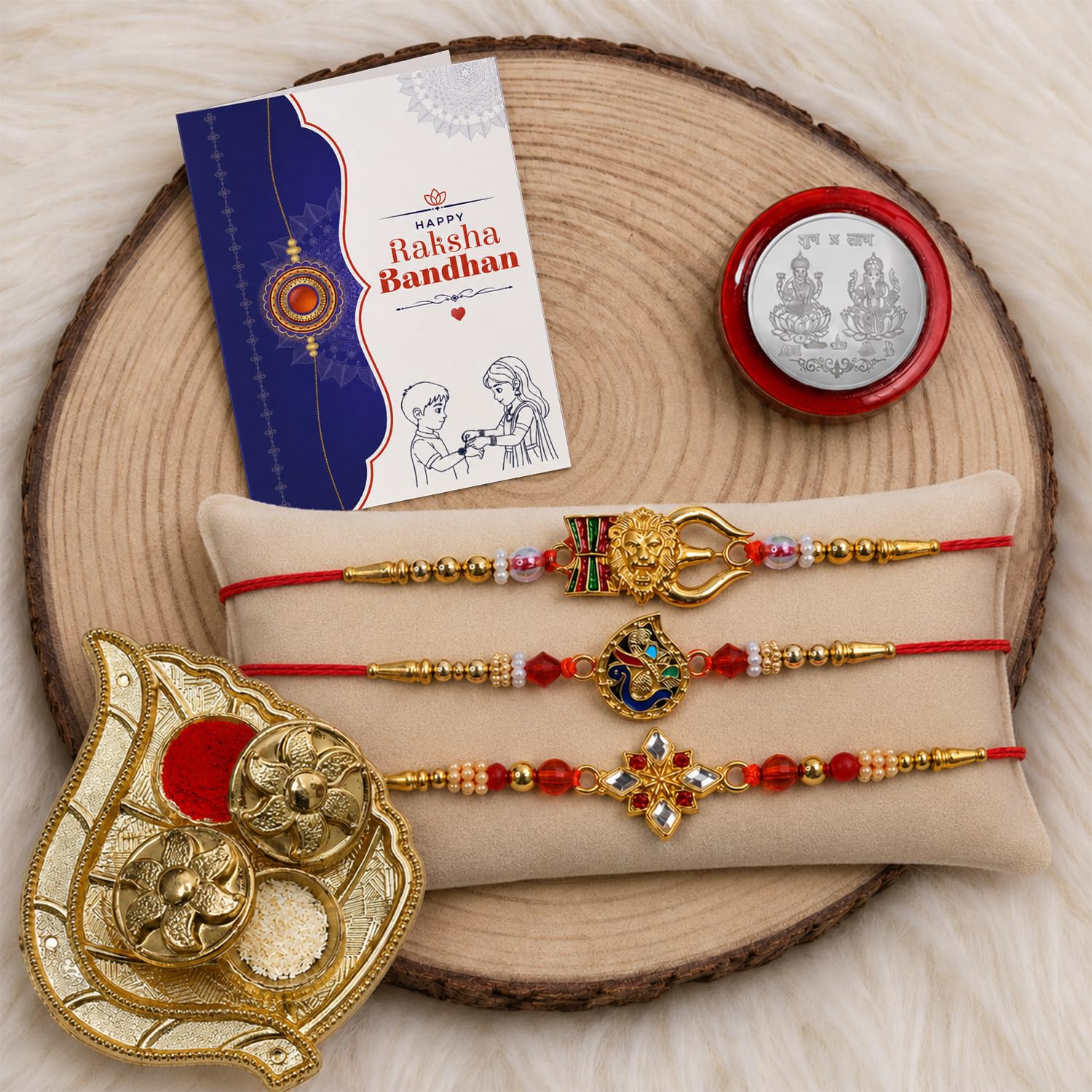 Lion Rakhi for Brother with Leaf Pooja Thali - Raksha Bandhan Gift Set, Pack of 7