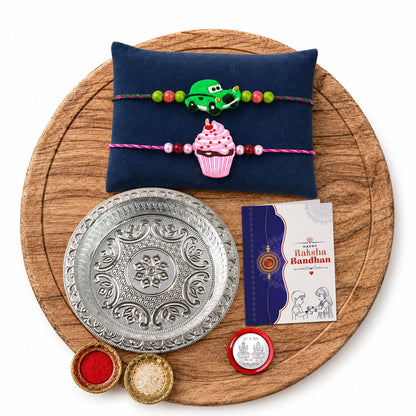 Toy Car, Cupcake Multicolor Rakhi for Brother & Bhaiya with Silver | Pack of 6