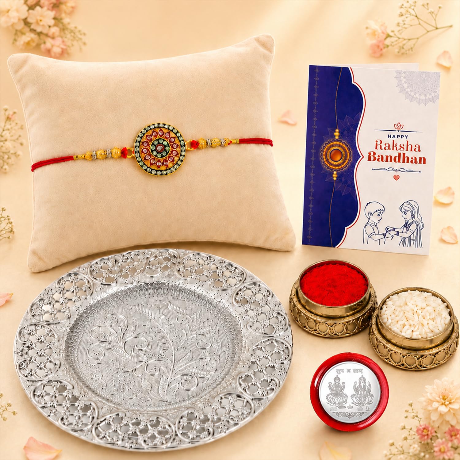 Rangoli Round Multicolor Rakhi for Brother & Bhaiya with Pooja Thali | Pack of 5