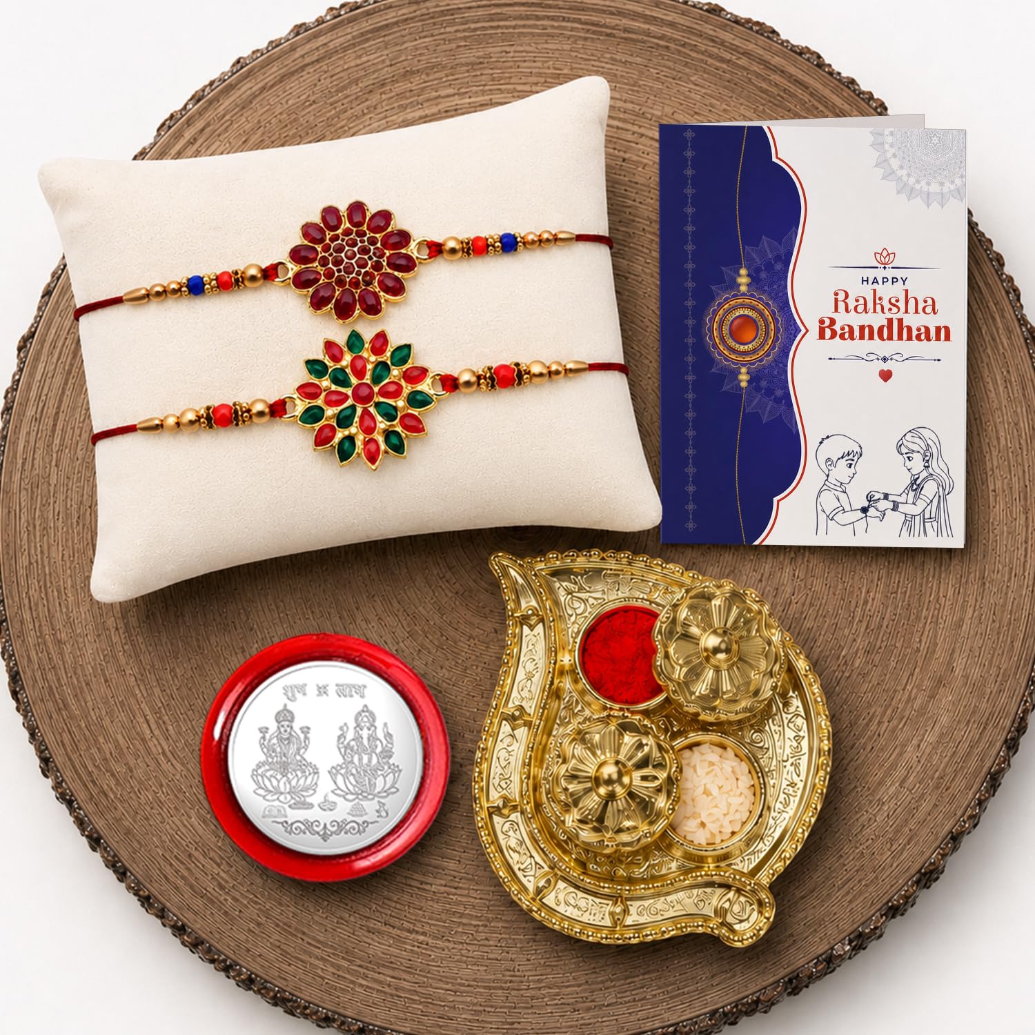 Flower Rakhi for Brother with Pooja Thali, Roli Tikka & Greeting Card | Pack of 6