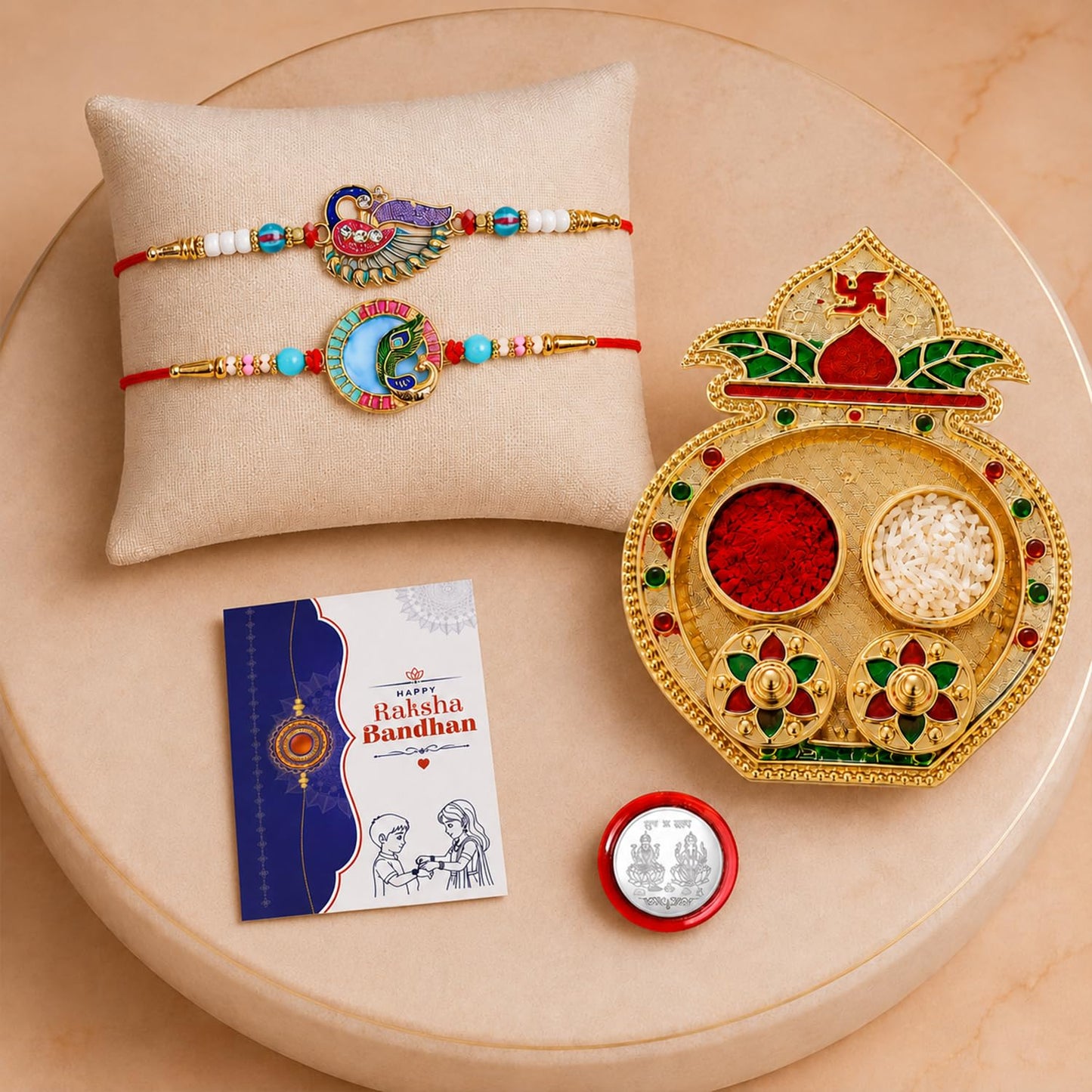 Peacock Multicolor Rakhi for Brother & Bhaiya with Kalash Shape Pooja | Pack of 6