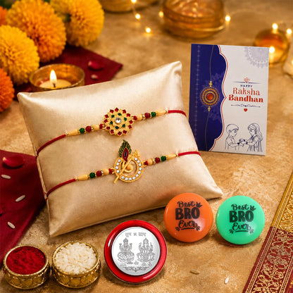 Rakhi Set for Brother (Set of 2) – Flute & Flower Design Rakhi Combo with Roli