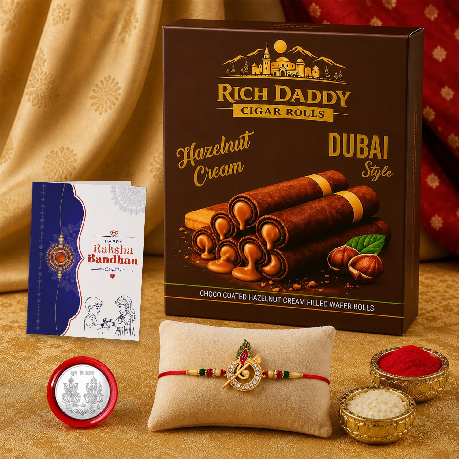 Feather Rakhi for Brother with Hazelnut Wafer Rolls, Roli Tikka & Card, Pack of 5