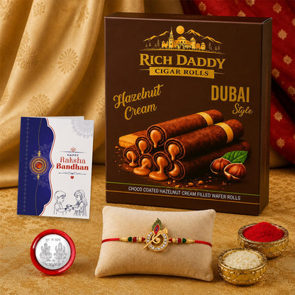 Feather Rakhi for Brother with Hazelnut Wafer Rolls, Roli Tikka & Card, Pack of 5