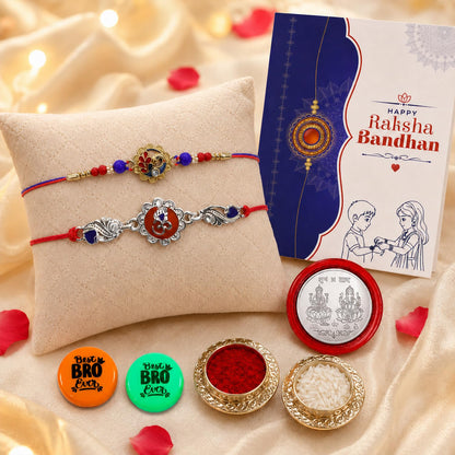 Multicolor Rakhi Combo Peacock, Om with Multicolour Decorative Magnets 2pcs, Roli