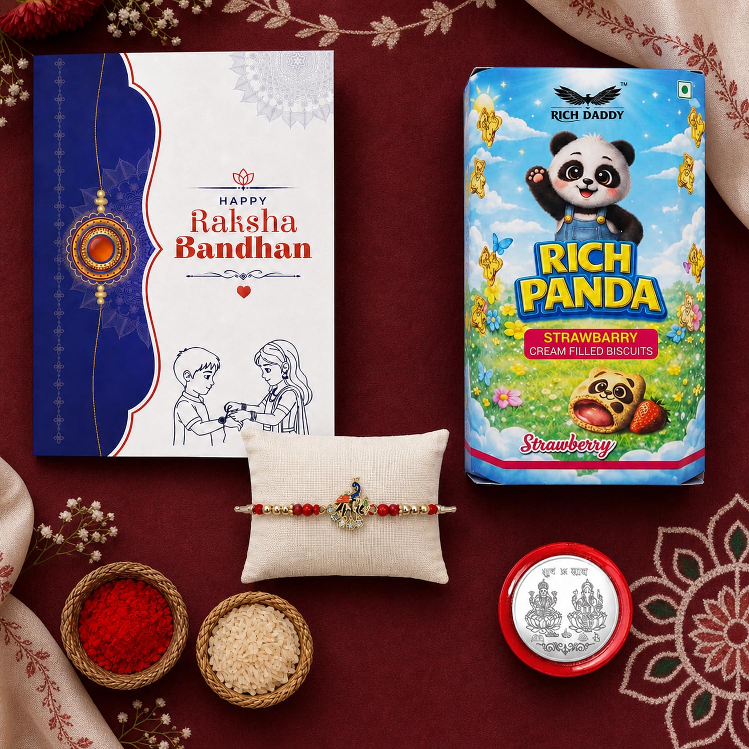 Peacock Rakhi for Brother with Strawberry Biscuit 60gm, Coin & Card, Pack of 5