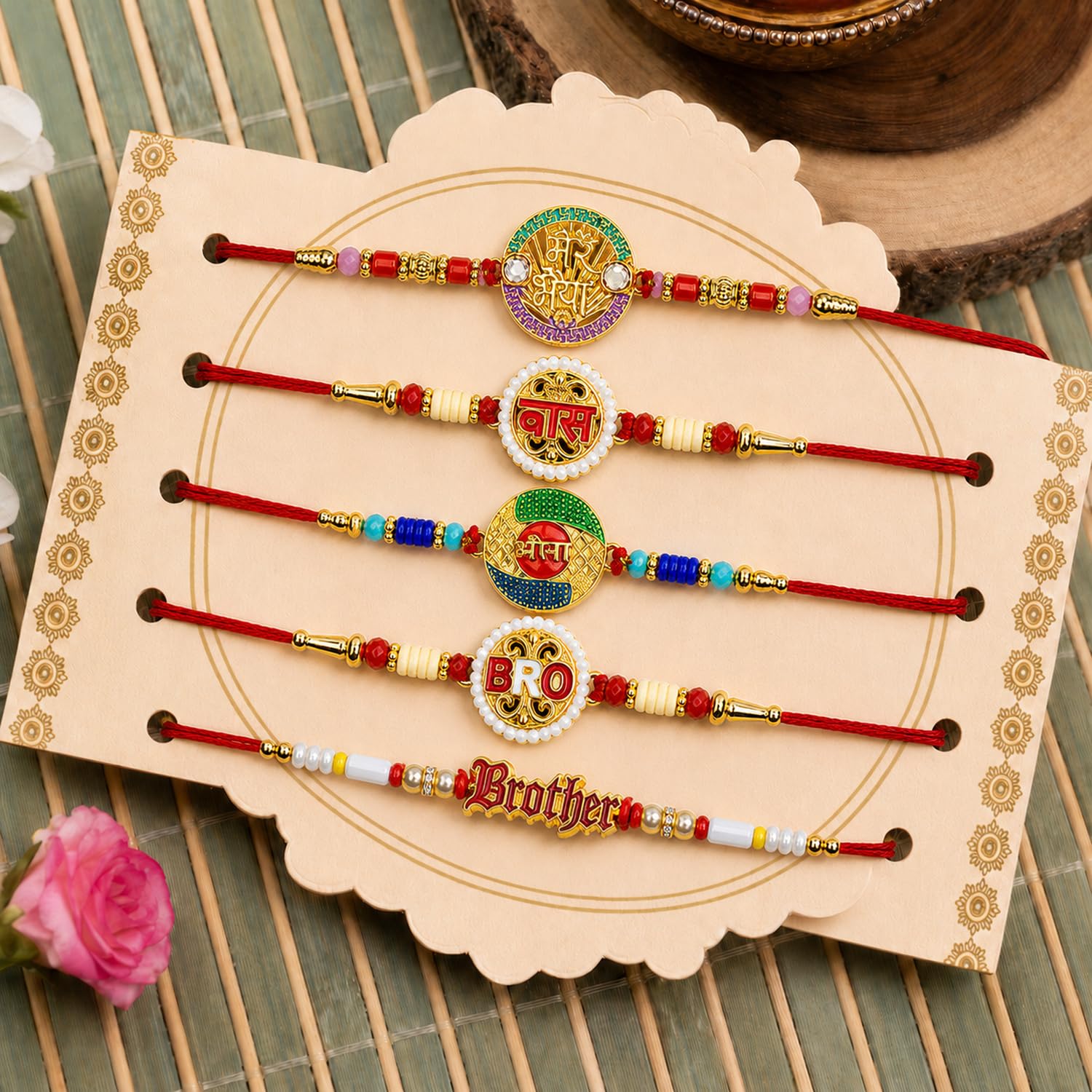 Handcrafted Elegant Rakhi for Brother with Roli Tikka & Greeting Card, Pack of 8