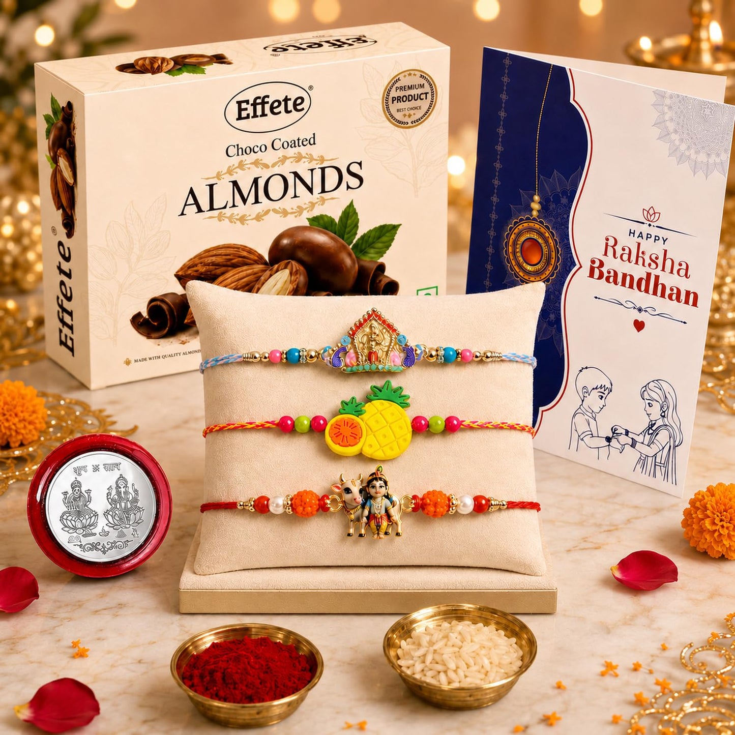 Krishna Cow Rakhi for Brother with Chocolate Almonds 32gm, Coin & Card, Pack of 7