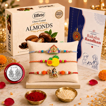 Krishna Cow Rakhi for Brother with Chocolate Almonds 32gm, Coin & Card, Pack of 7