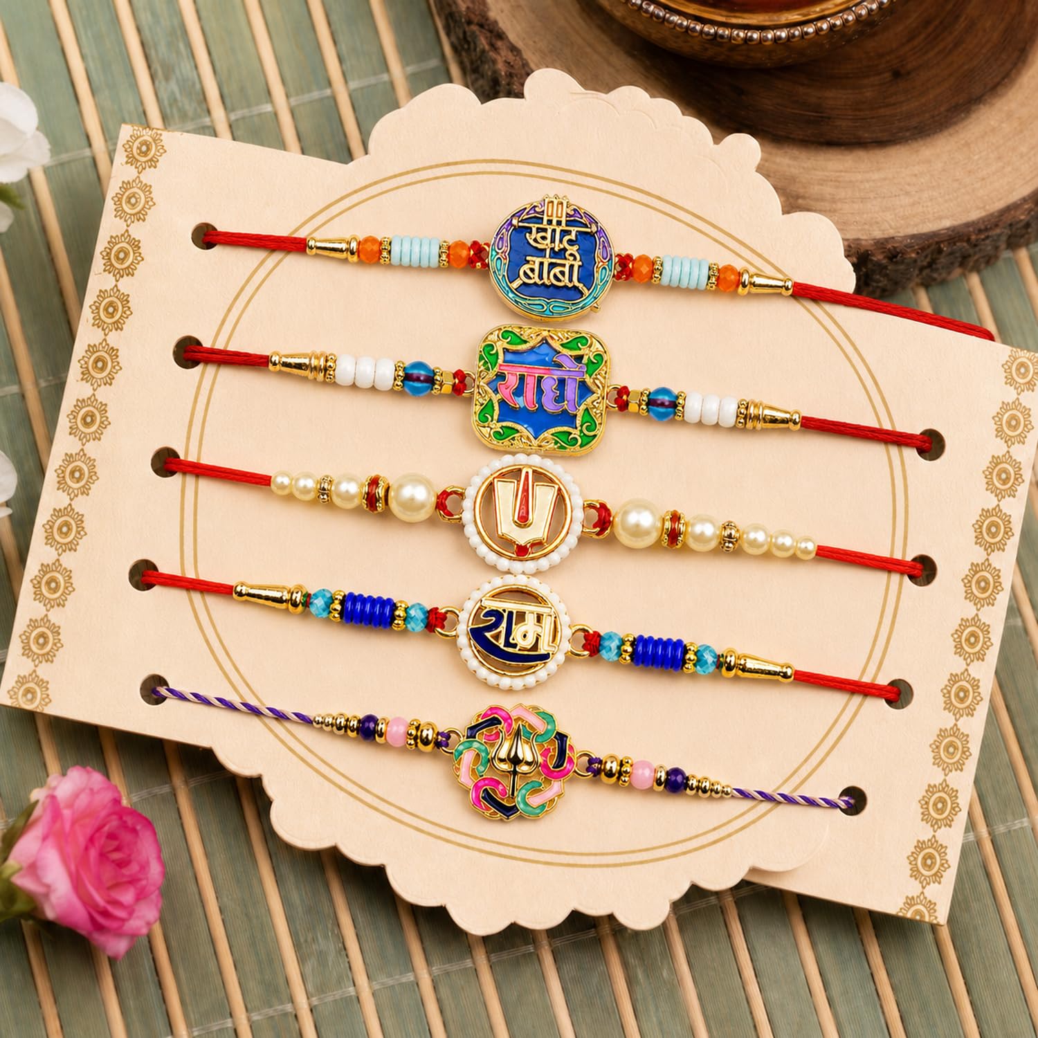 Handcrafted Beautiful Rakhi for Brother with Roli Tikka & Card, Pack of 8
