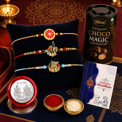 Fruit Rakhi for Brother with Chocolate Magic 96gm, Roli Tikka & Card, Pack of 7