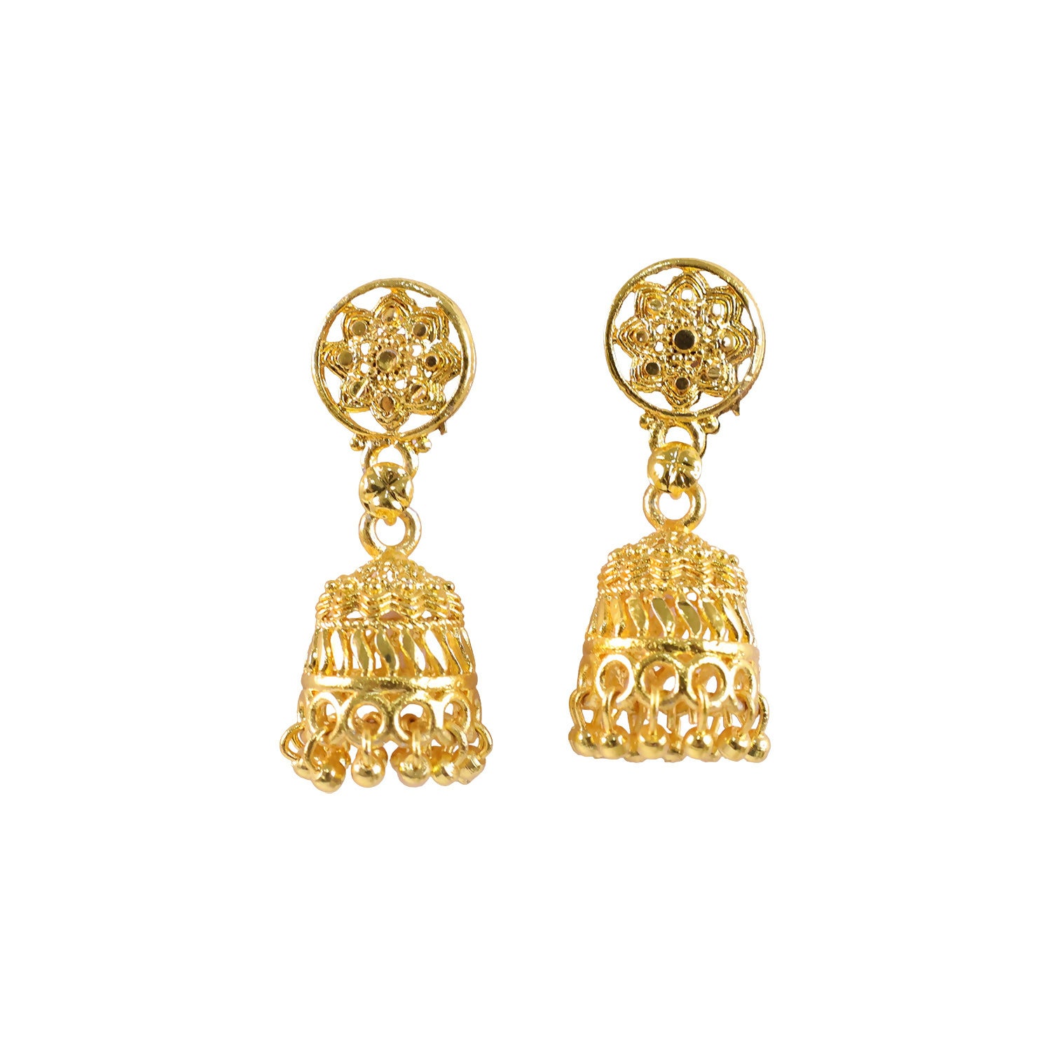 Gold floral jhumka earrings with dangling bead details