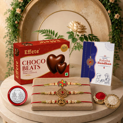Flower Rakhi for Brother with Chocolate Beats 32gm, Roli Tikka & Card, Pack of 7