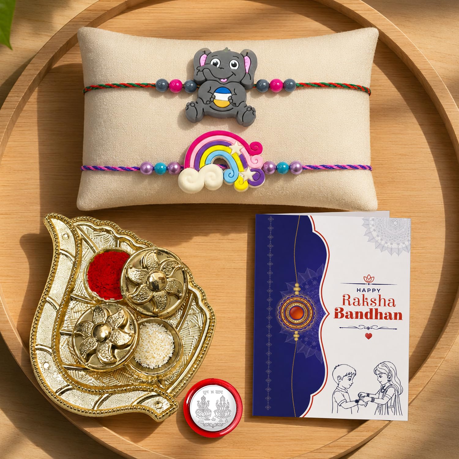Elephant Rakhi for Brother with Pooja Thali, Roli Tikka & Card, Pack of 6