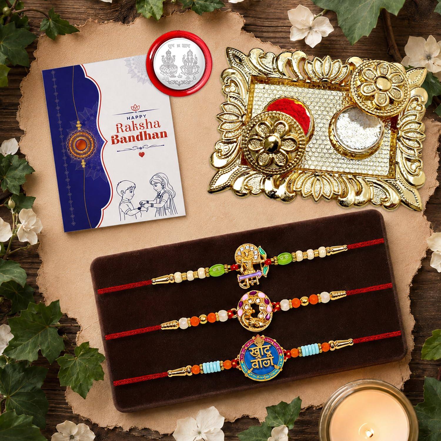 Ram Rakhi for Brother with Pooja Thali, Roli Tikka, Pooja Coin & Card, Pack of 7