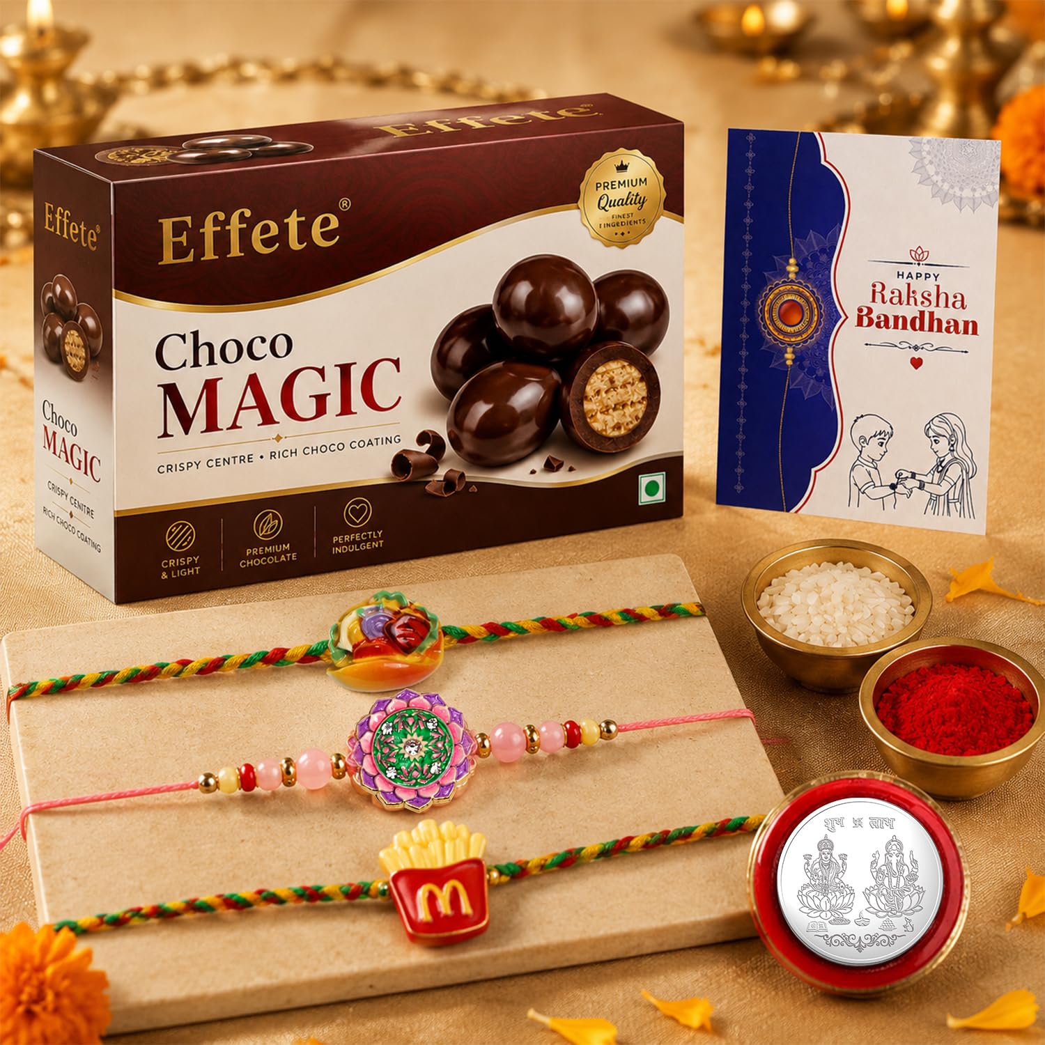 Floral Charm Rakhi for Brother with Chocolate Magic 96gm, Coin & Card, Pack of 7