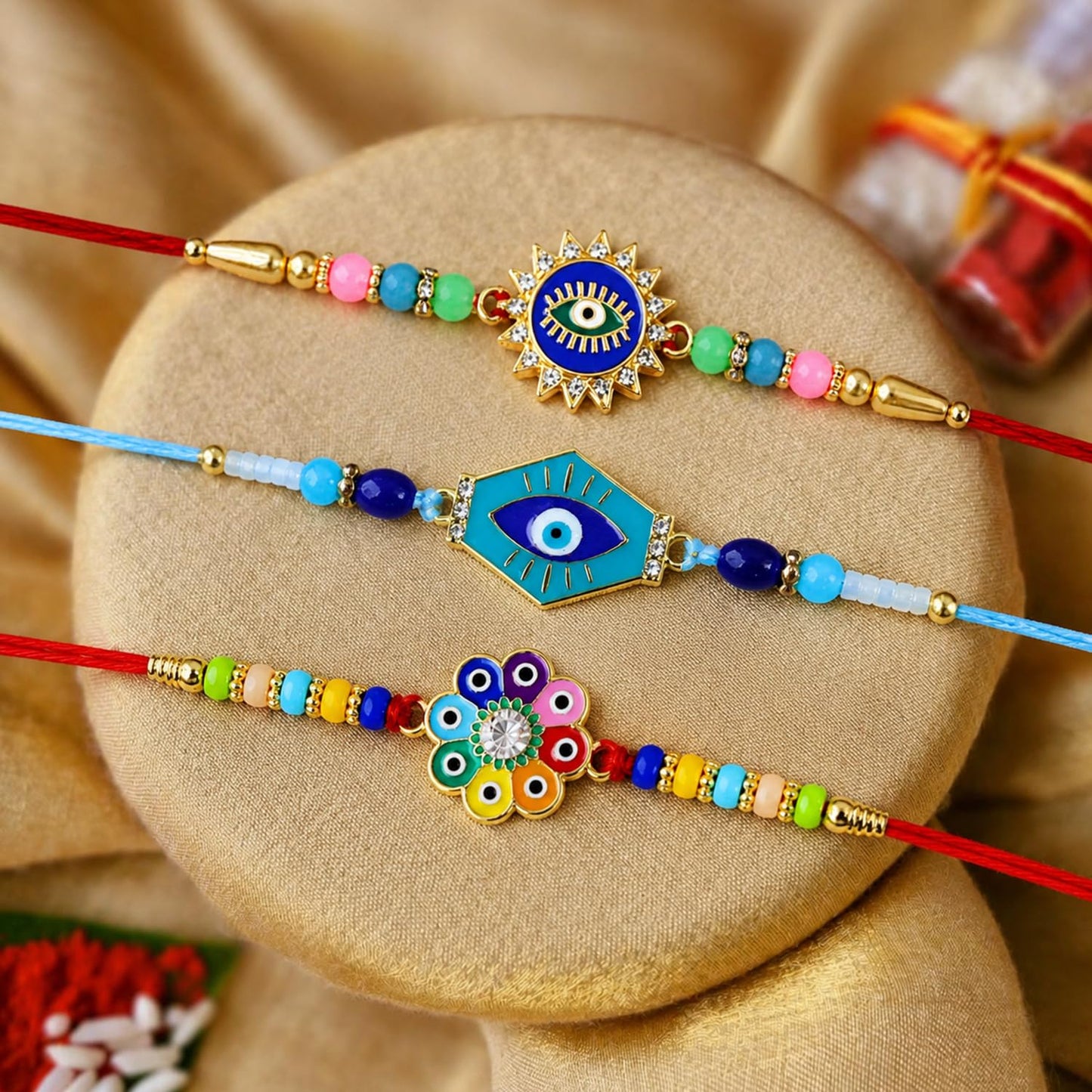 Designer Stylish Multicolor Evil Rakhi for Brother with Roli Tikka | Pack of 6