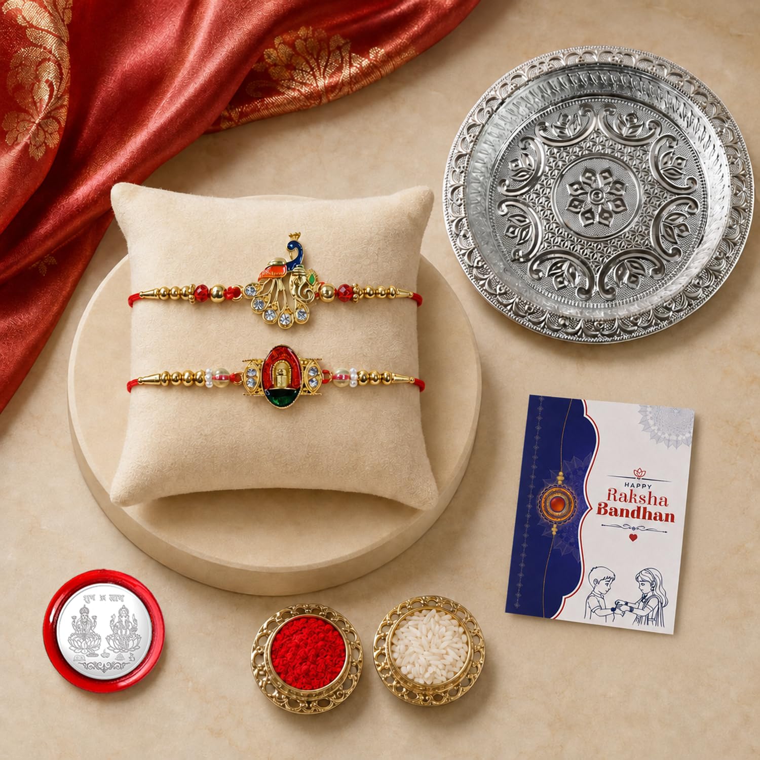 Peacock, Shivling Multicolor Rakhi for Brother & Bhaiya with Silver | Pack of 6