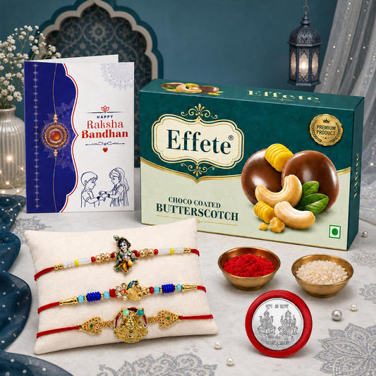 Rakhi with Chocolate for Brother (Set of 7), Raksha Bandhan Festival Celebration Combo with Krishna, Peacock & Diety Design