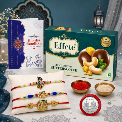 Deity Rakhi for Brother with Butter Scotch 32gm, Roli Tikka & Card, Pack of 7