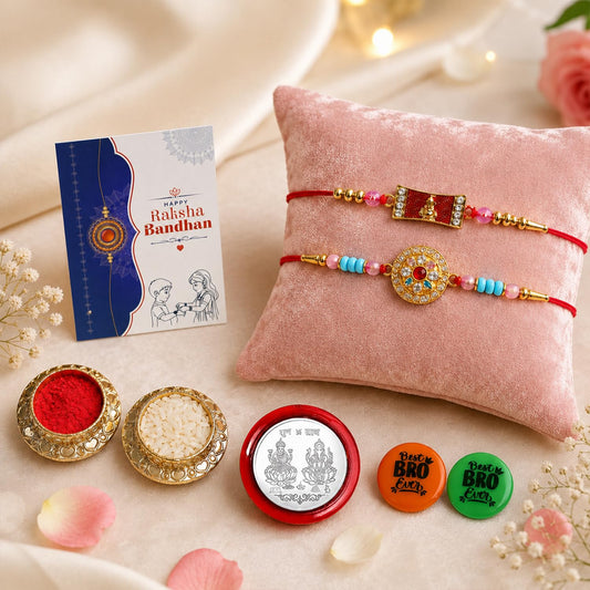 Ganesha Charm,Kundan Multicolor Rakhi & Decorative Magnets 2pcs with Roli Chawal