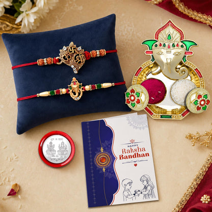 Multicolor Ganesha Bracelet/Rakhi & Shri Ganesh Pooja Thali with Silver Color Pooja Coin, Tikka/Tilak Set & Greeting Card, Rakhi Gift Hamper (Pack of 6) For Raksha Bandhan