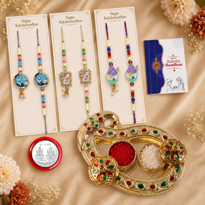 Multicolor Rakhi for Brother & Bhaiya with Art Design Pooja Thali | Pack of 7
