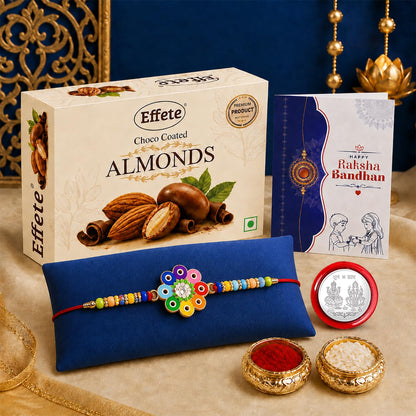 Flower Rakhi for Brother with Choco Almonds 32gm, Roli Tikka & Card, Pack of 5